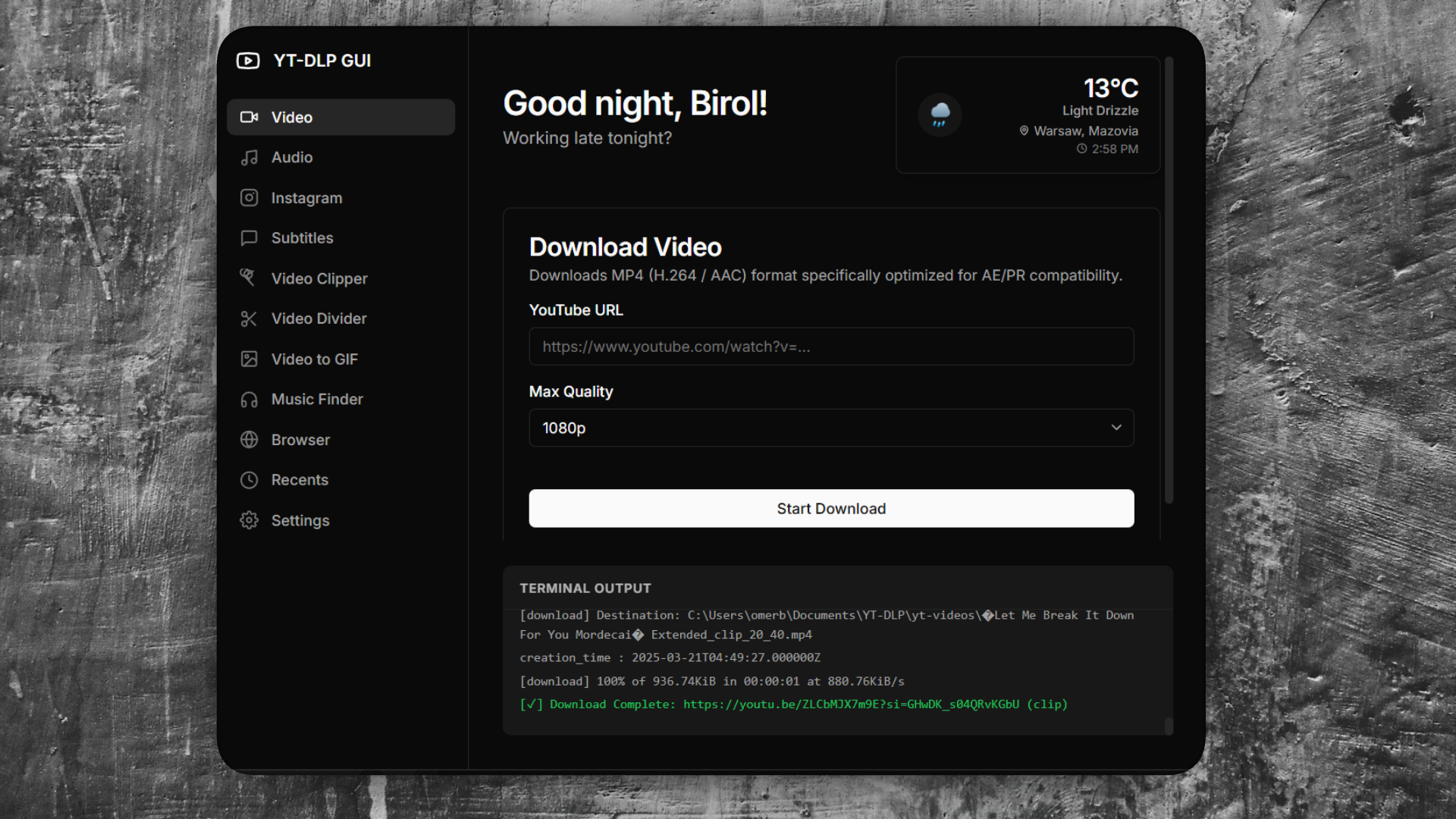 YT-DLP GUI Video tab: YouTube URL field, Max Quality selector set to 1080p, Start Download button, and a completed download in the terminal output